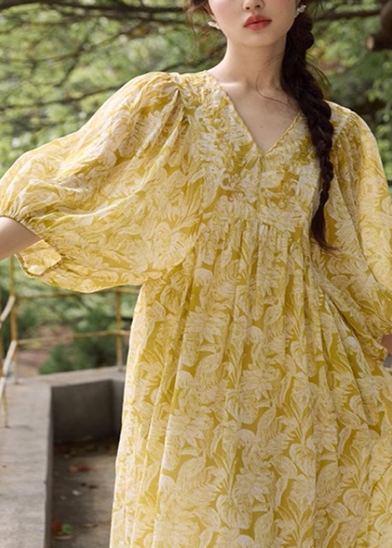 French Yellow V Neck Print Wrinkled Linen Long Dresses Summer