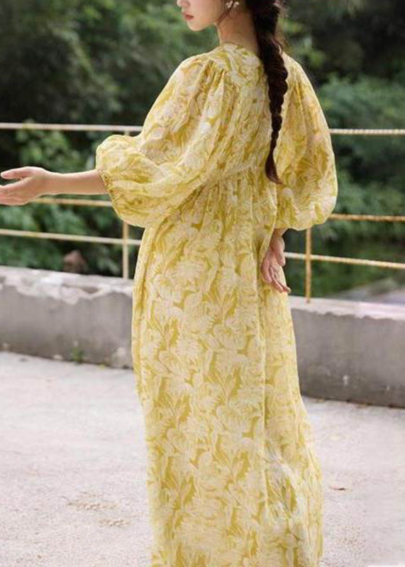 French Yellow V Neck Print Wrinkled Linen Long Dresses Summer