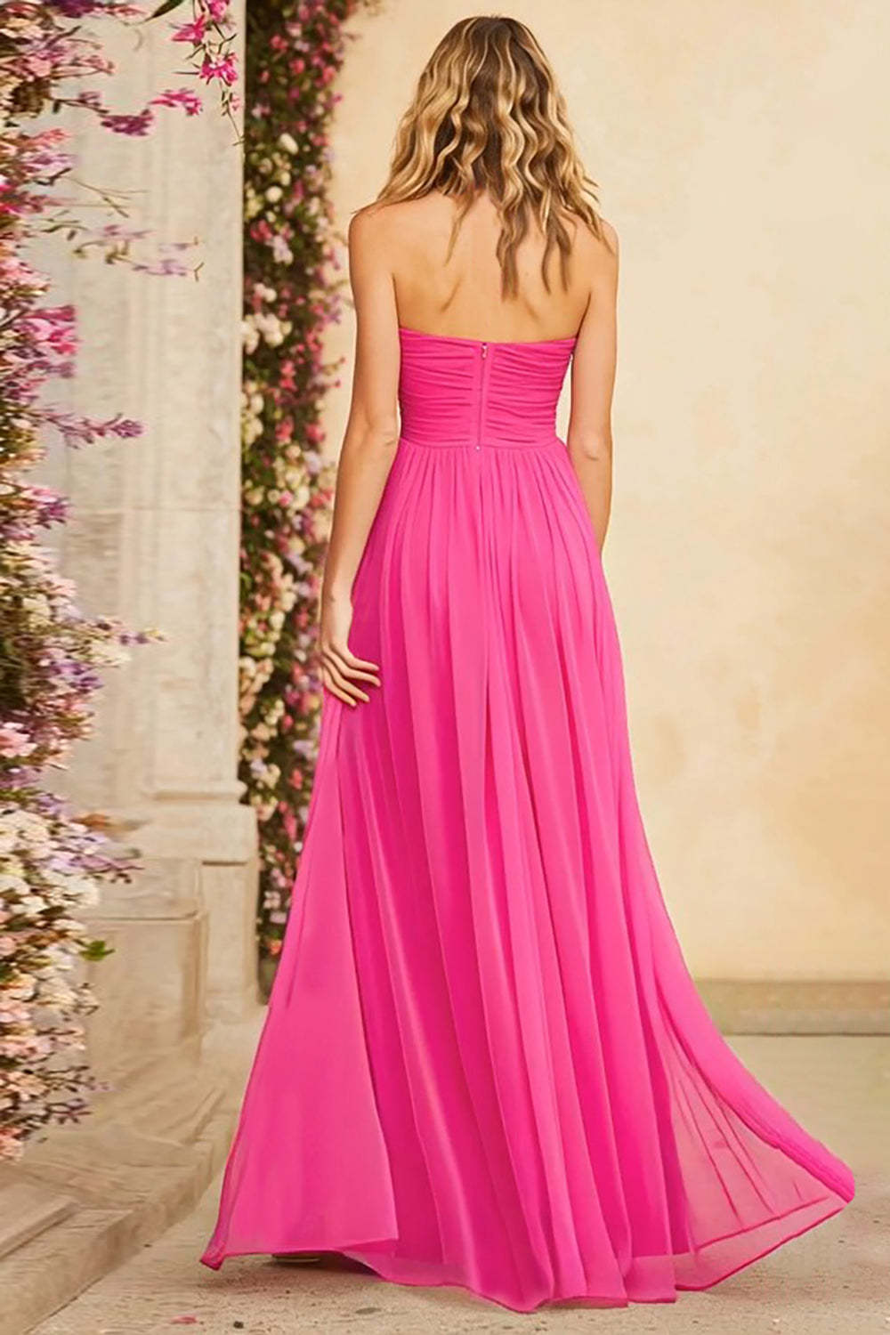 Suzhoufashion Fuchsia A Line Halter Ruched Keyhole Long Chiffon Prom Dress With Slit