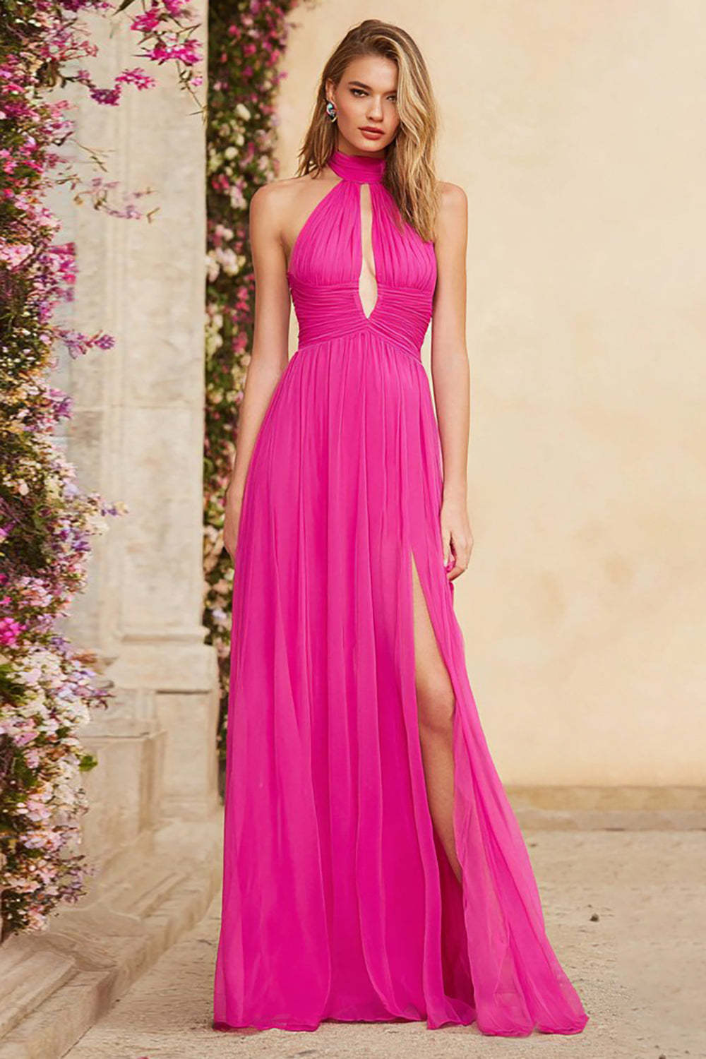 Suzhoufashion Fuchsia A Line Halter Ruched Keyhole Long Chiffon Prom Dress With Slit