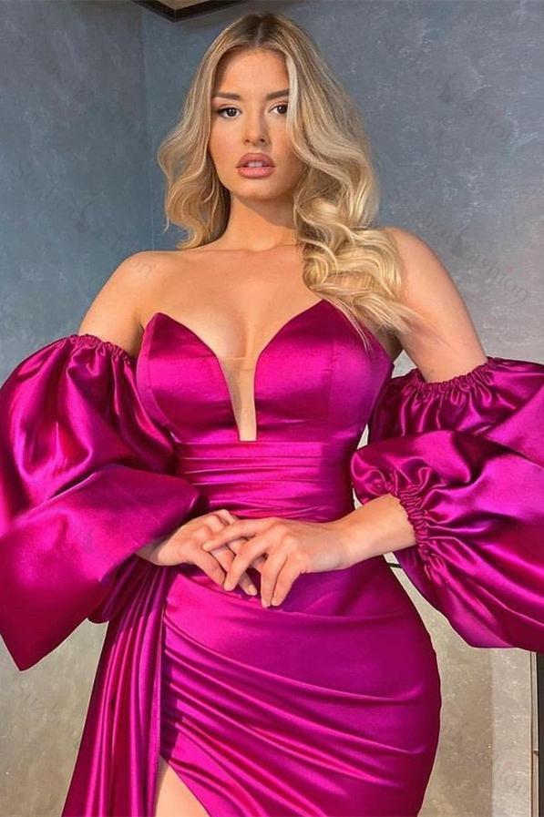 Fuchsia Detachable Sleeves Mermaid Evening Prom Dresses Slit With Ruffles