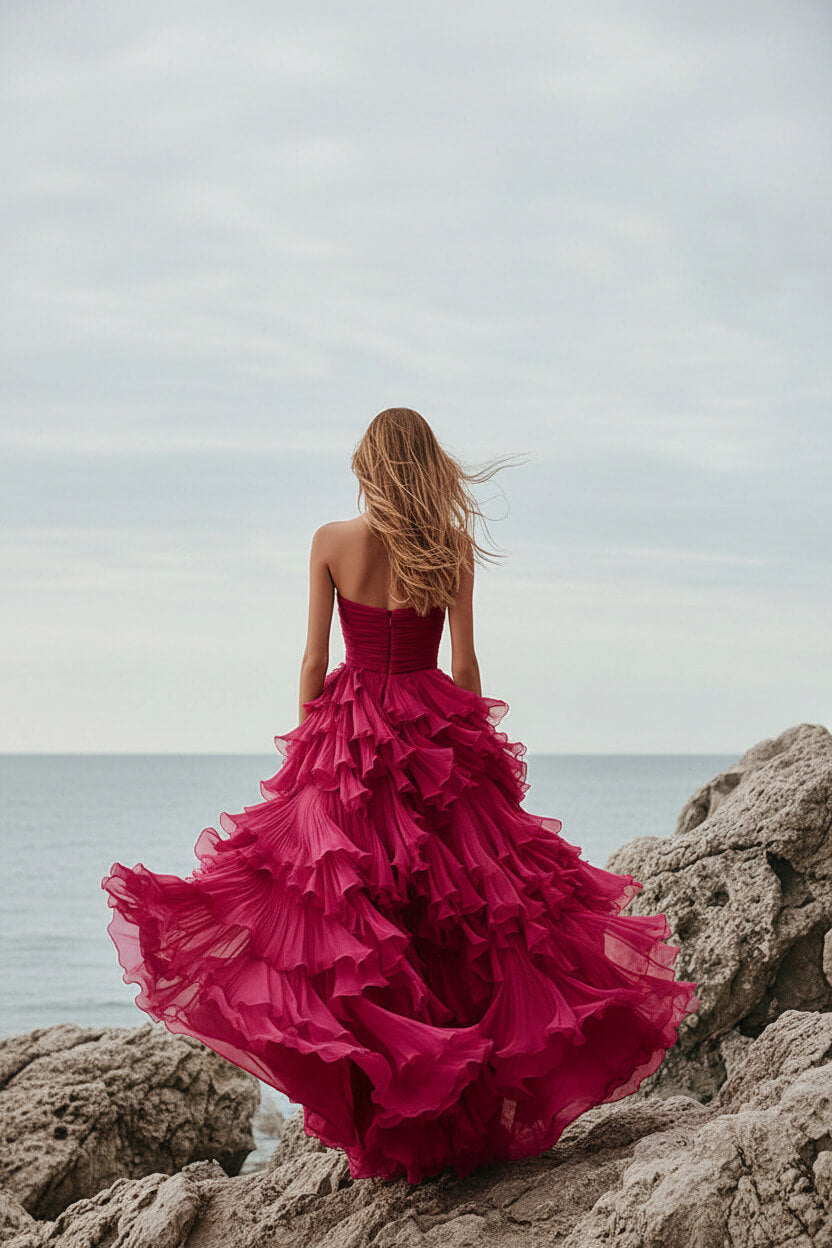 Fuchsia Prom Dress Organza Strapless Long Ball Gown Formal Dress With Ruffles