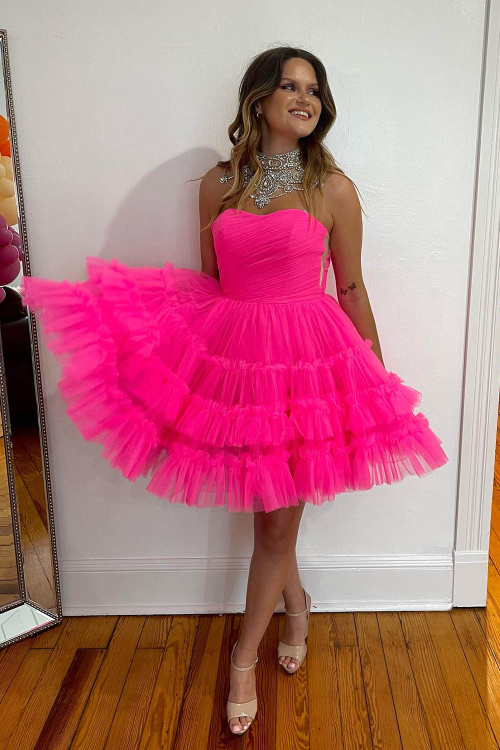 Fuchsia Homecoming Dresses A-Line Sweetheart Tulle Tiered Corset Short Cocktail Dresses