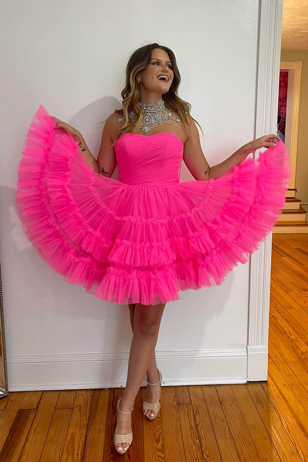 Fuchsia Homecoming Dresses A-Line Sweetheart Tulle Tiered Corset Short Cocktail Dresses