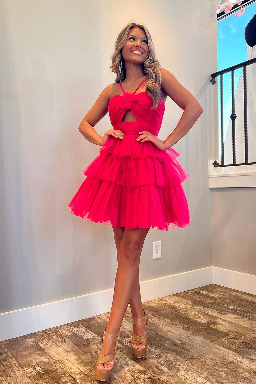 Fuchsia Homecoming Dresses Keyhole Halter Tulle A Line Short Cocktail Dresses with Ruffles