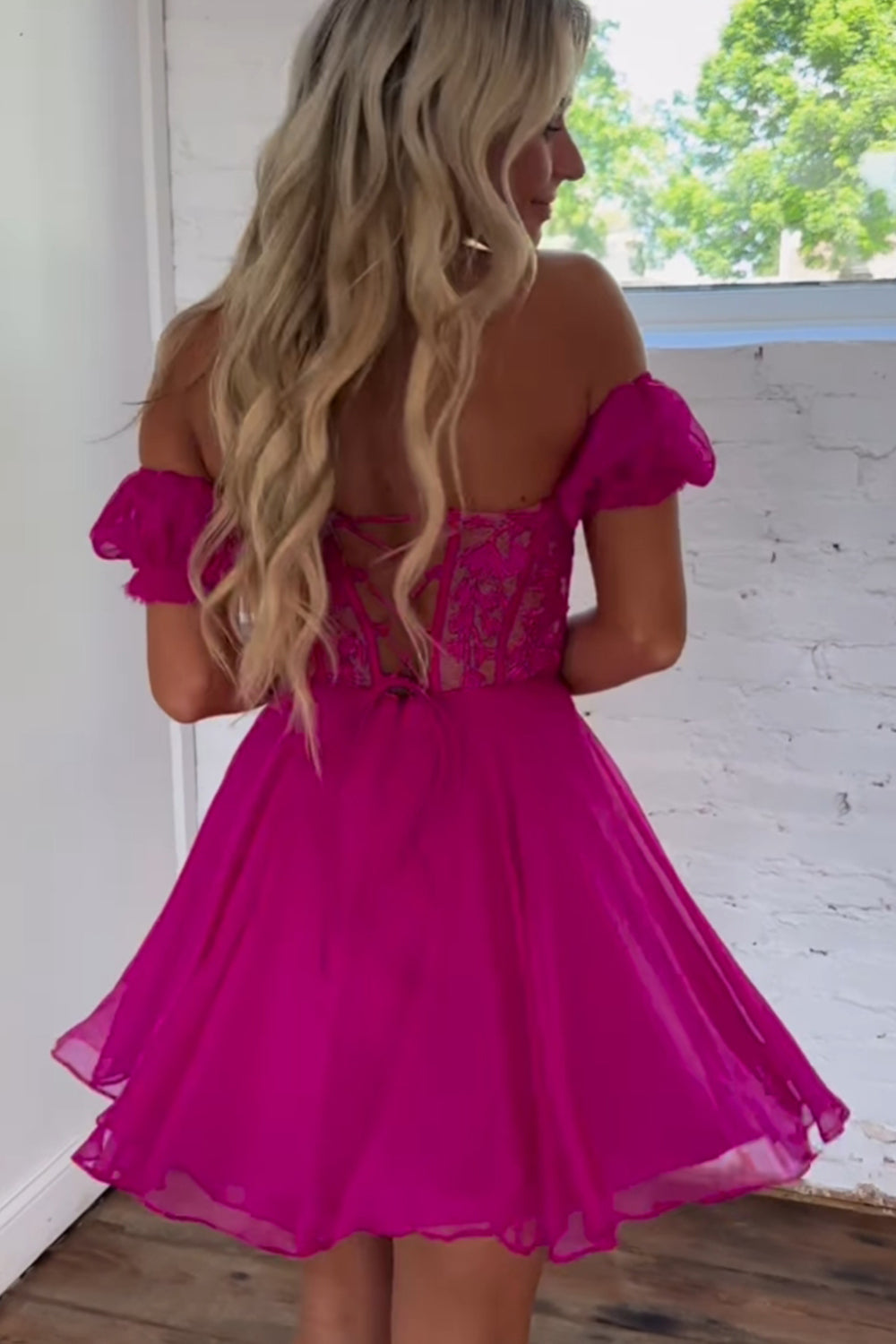 Fuchsia Homecoming Dresses Lace-Up Back A-Line Short Cocktail Dresses with Lace