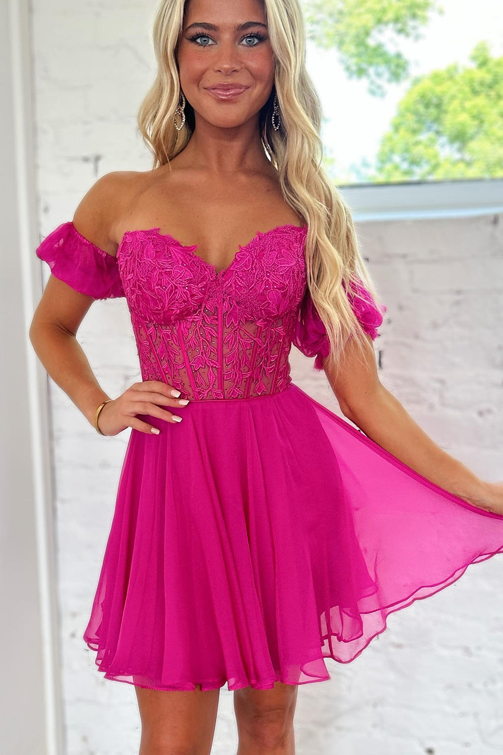Fuchsia Homecoming Dresses Lace-Up Back A-Line Short Cocktail Dresses with Lace