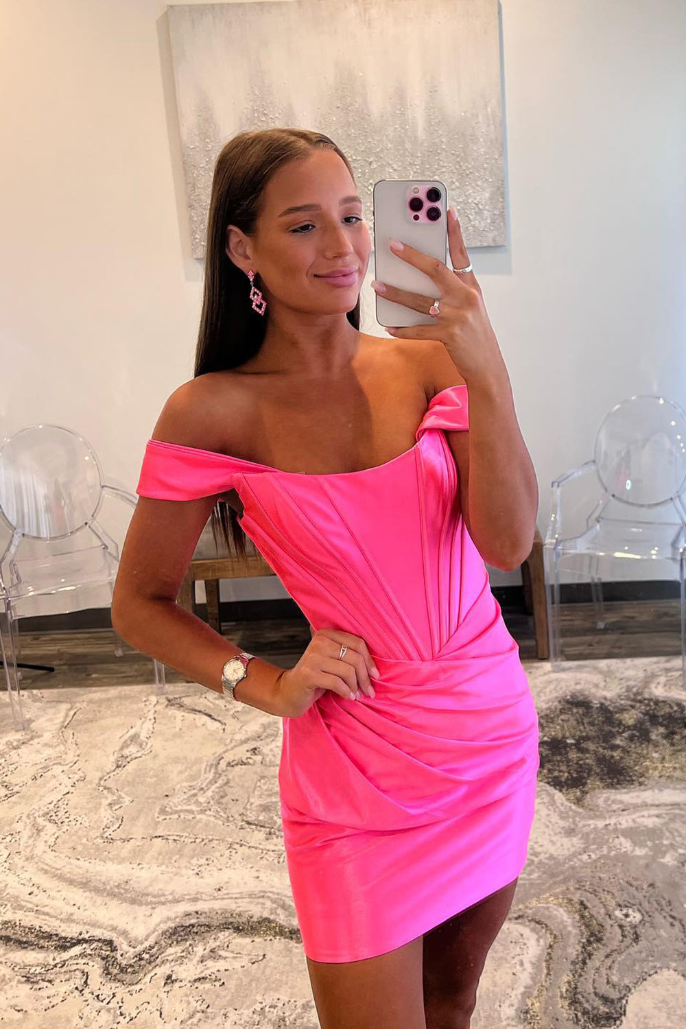 Fuchsia Homecoming Dresses Off the Shoulder Ruched Tight Prom Dress