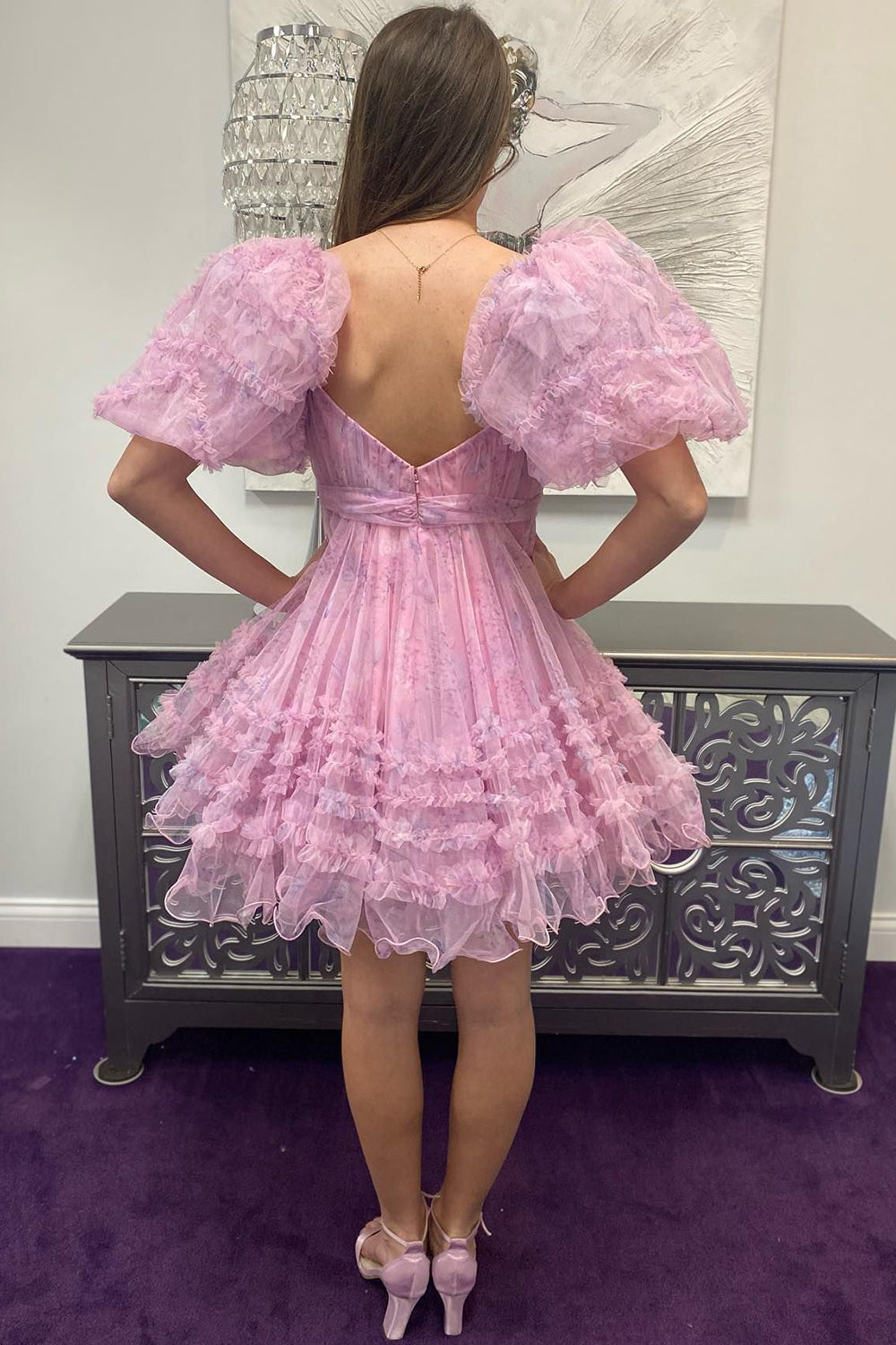 Fuchsia Homecoming Dresses Puff Sleeves A-Line Floral Short Cocktail Dresses with Ruffles