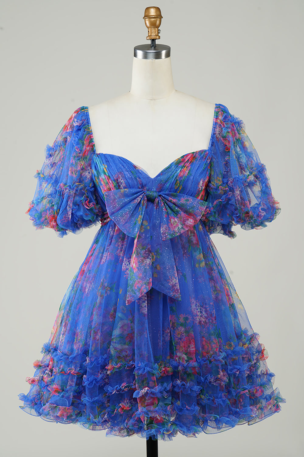 Fuchsia Homecoming Dresses Puff Sleeves A-Line Floral Short Cocktail Dresses with Ruffles