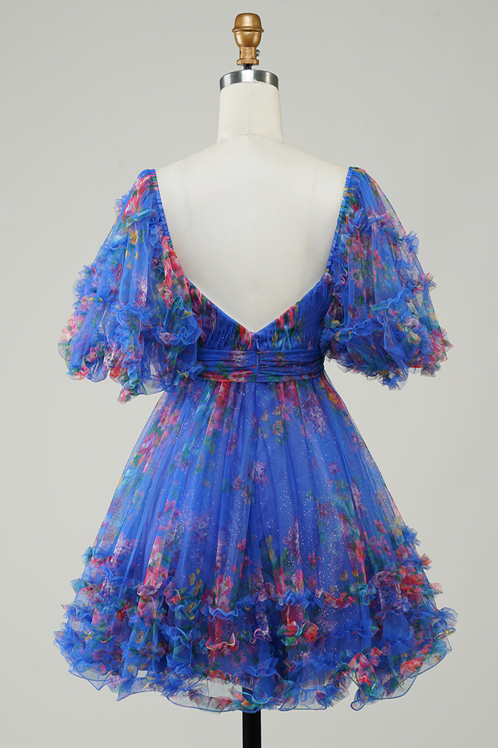 Fuchsia Homecoming Dresses Puff Sleeves A-Line Floral Short Cocktail Dresses with Ruffles