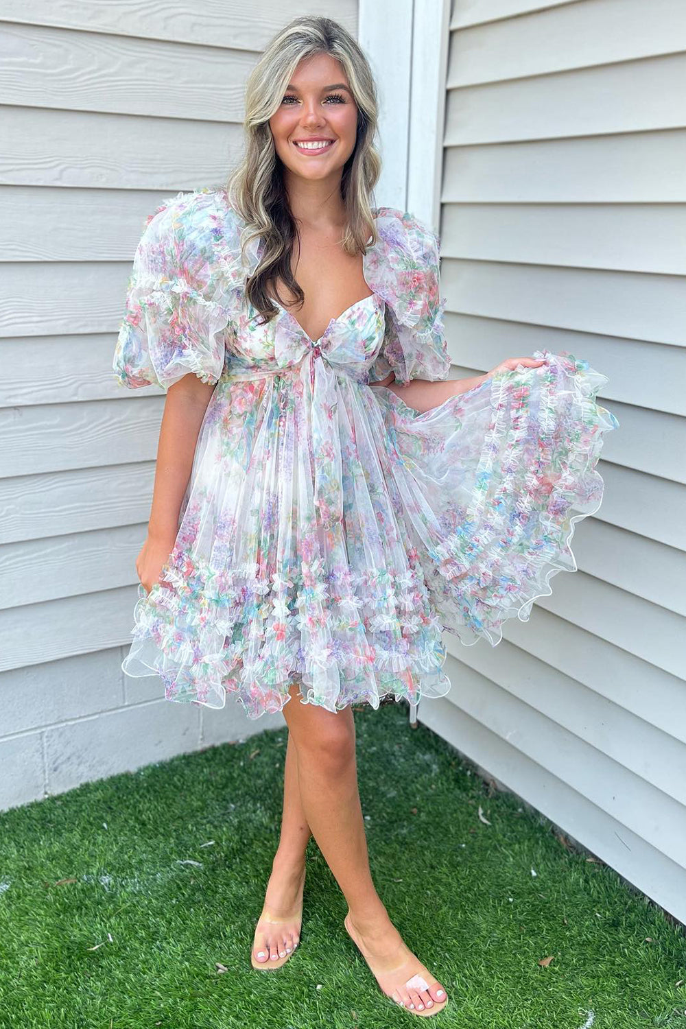 Fuchsia Homecoming Dresses Puff Sleeves A-Line Floral Short Cocktail Dresses with Ruffles