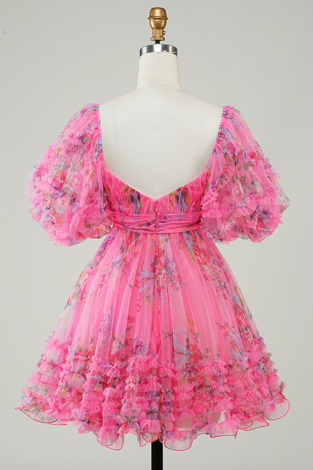 Fuchsia Homecoming Dresses Puff Sleeves A-Line Floral Short Cocktail Dresses with Ruffles