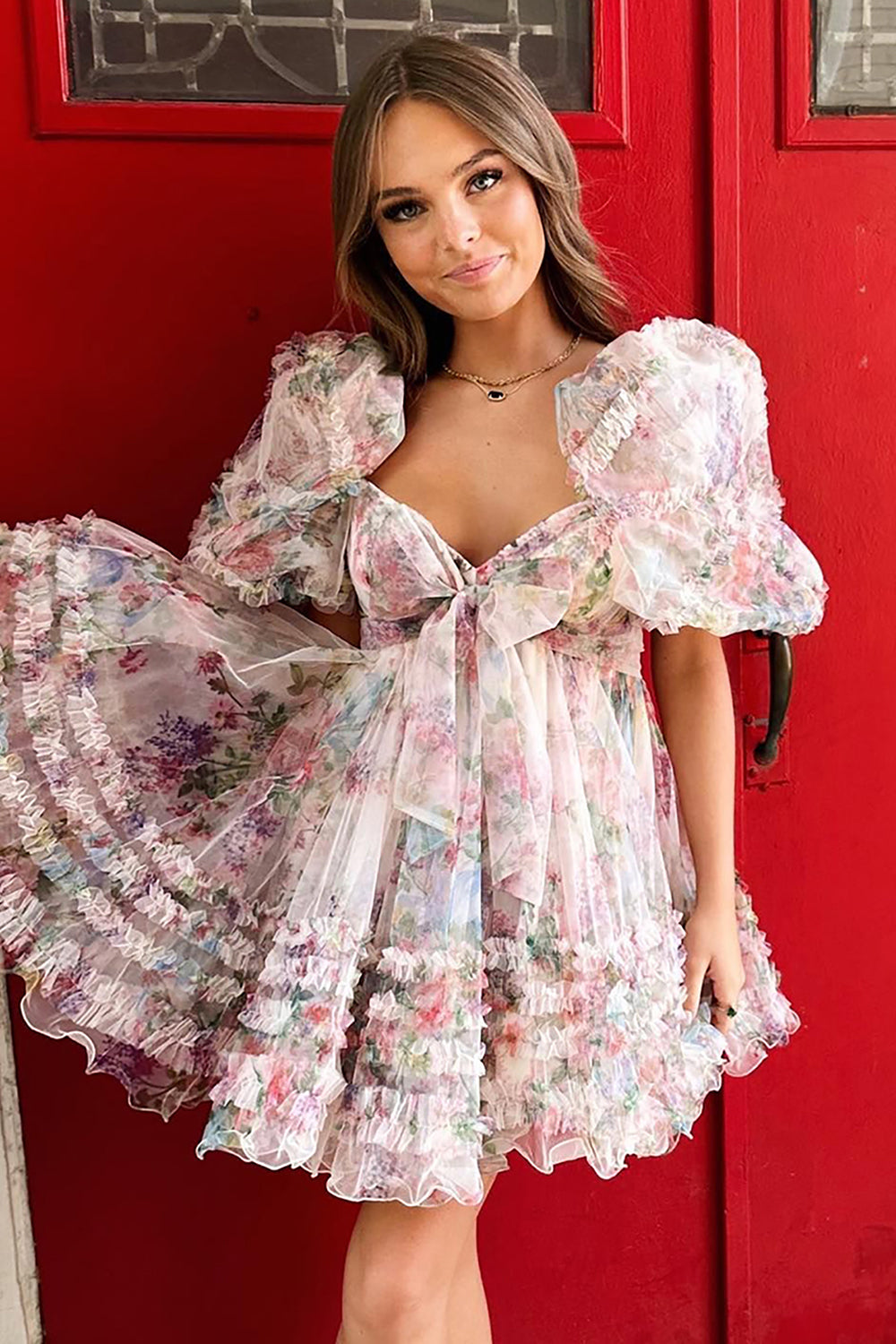 Fuchsia Homecoming Dresses Puff Sleeves A-Line Floral Short Cocktail Dresses with Ruffles