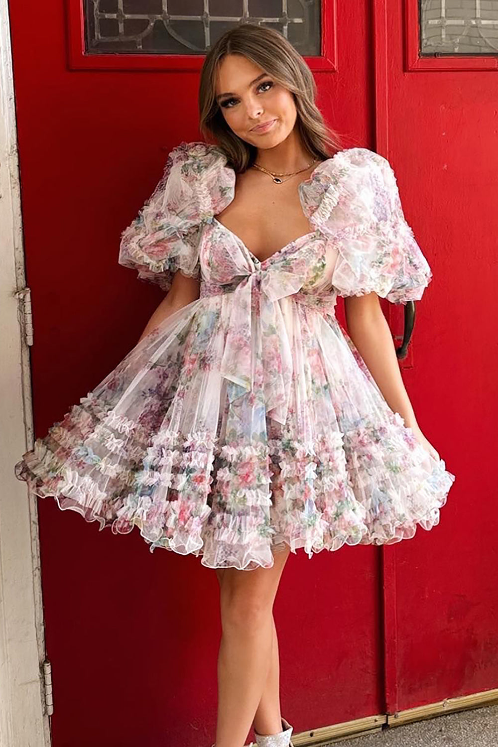 Fuchsia Homecoming Dresses Puff Sleeves A-Line Floral Short Cocktail Dresses with Ruffles