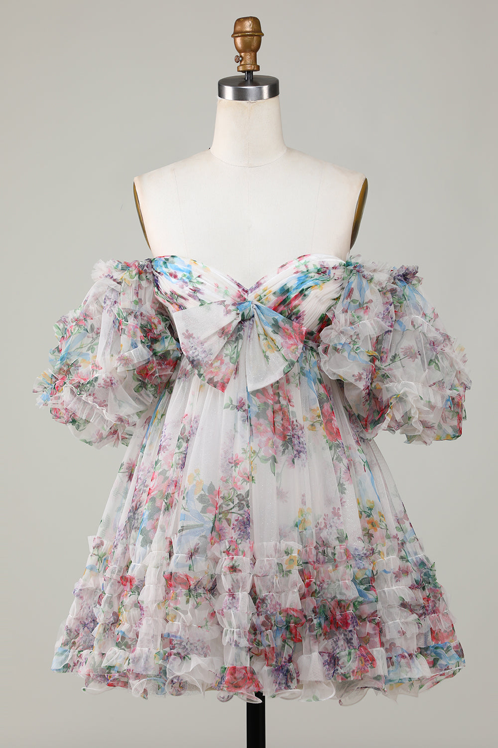 Fuchsia Homecoming Dresses Puff Sleeves A-Line Floral Short Cocktail Dresses with Ruffles