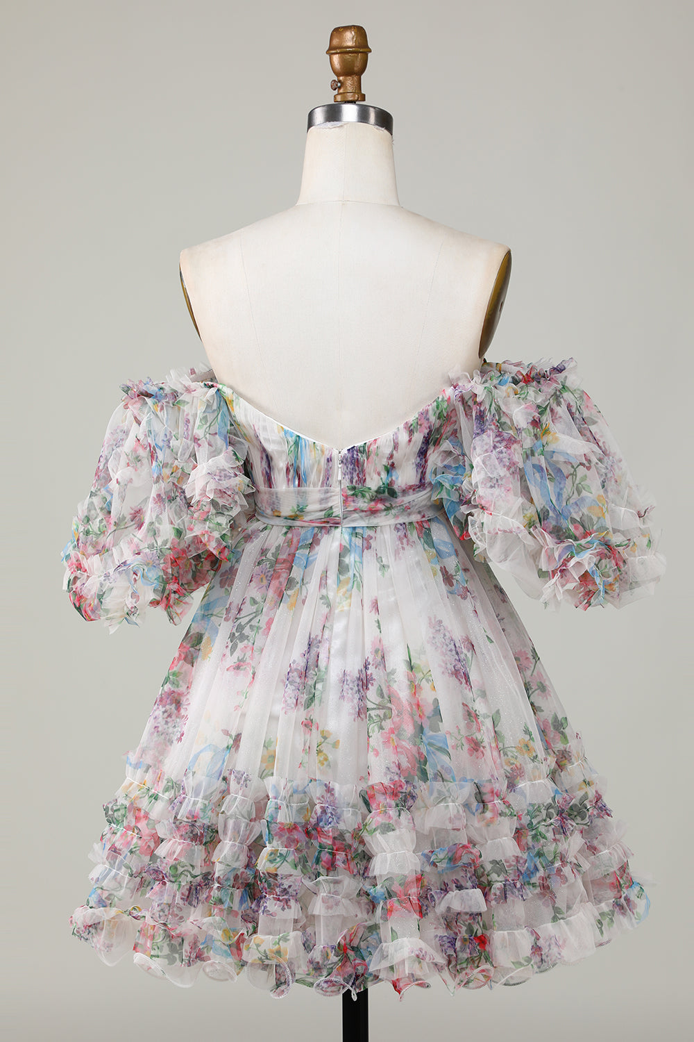 Fuchsia Homecoming Dresses Puff Sleeves A-Line Floral Short Cocktail Dresses with Ruffles