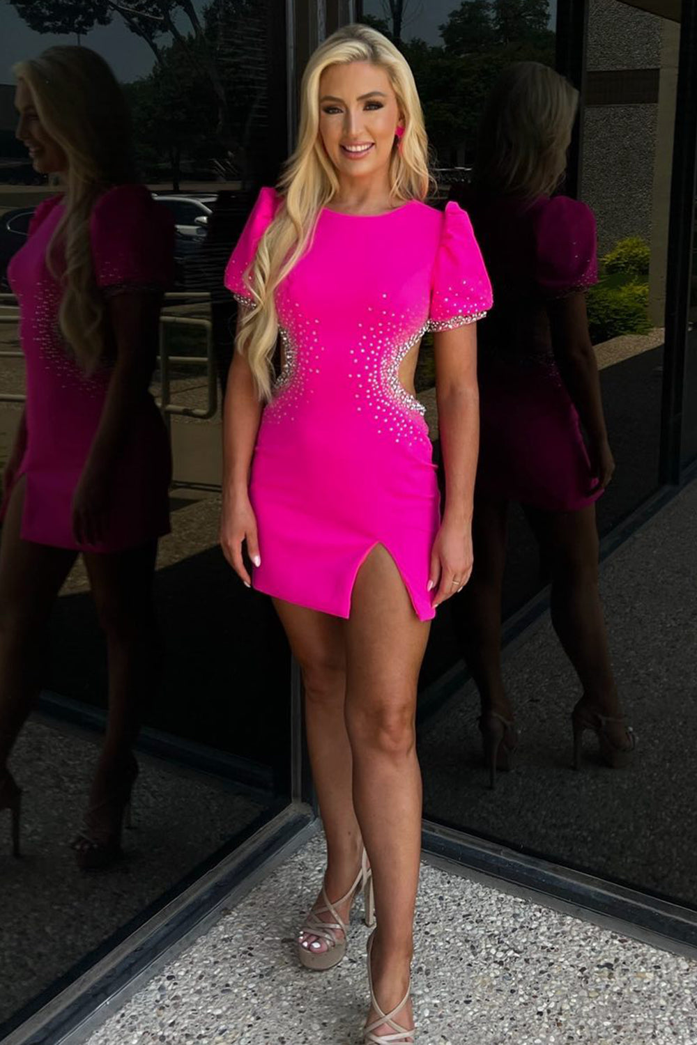 Fuchsia Homecoming Dresses Sequin Cut Out Tight Short Cocktail Dresses