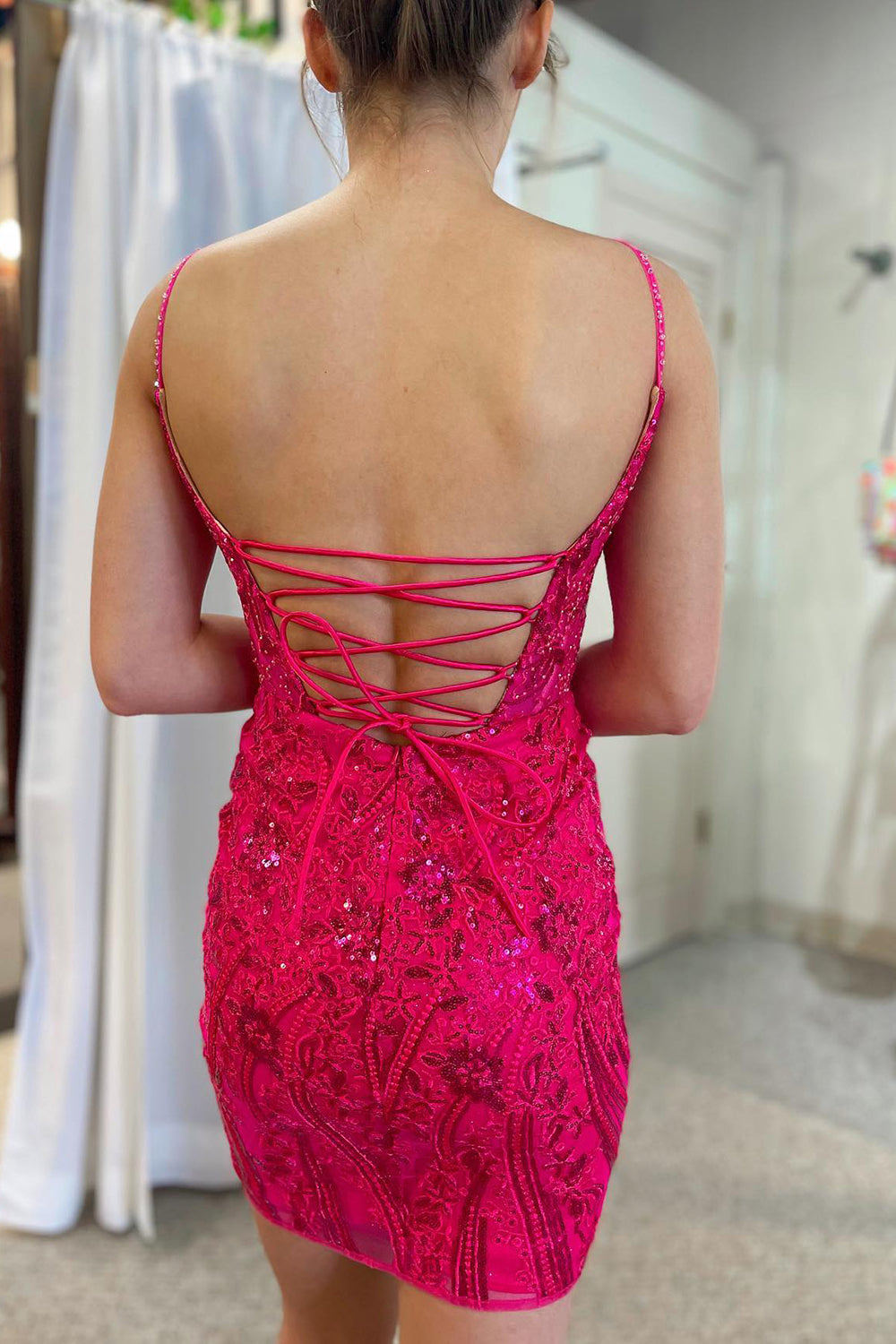 Fuchsia Homecoming Dresses Sequined Lace Tight Short Cocktail Dresses