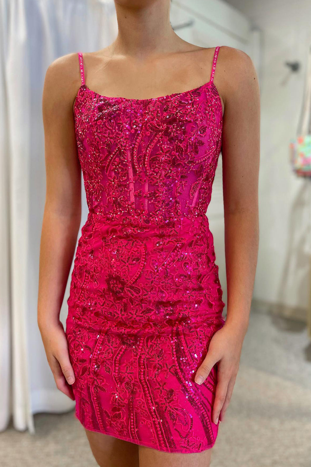 Fuchsia Homecoming Dresses Sequined Lace Tight Short Cocktail Dresses