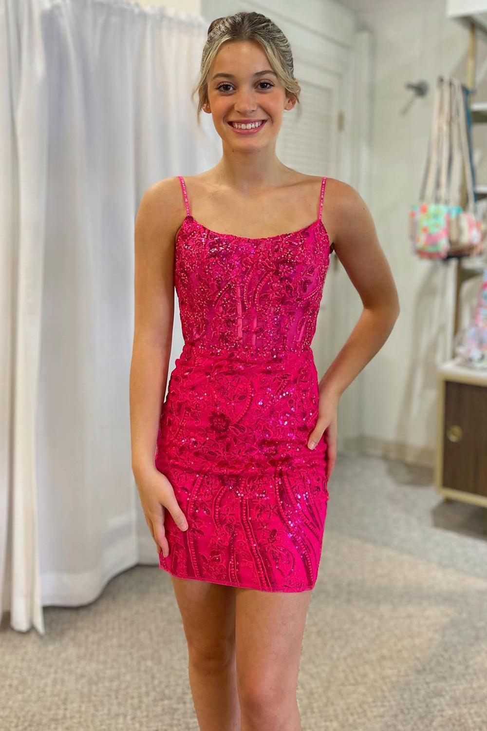 Fuchsia Homecoming Dresses Sequined Lace Tight Short Cocktail Dresses
