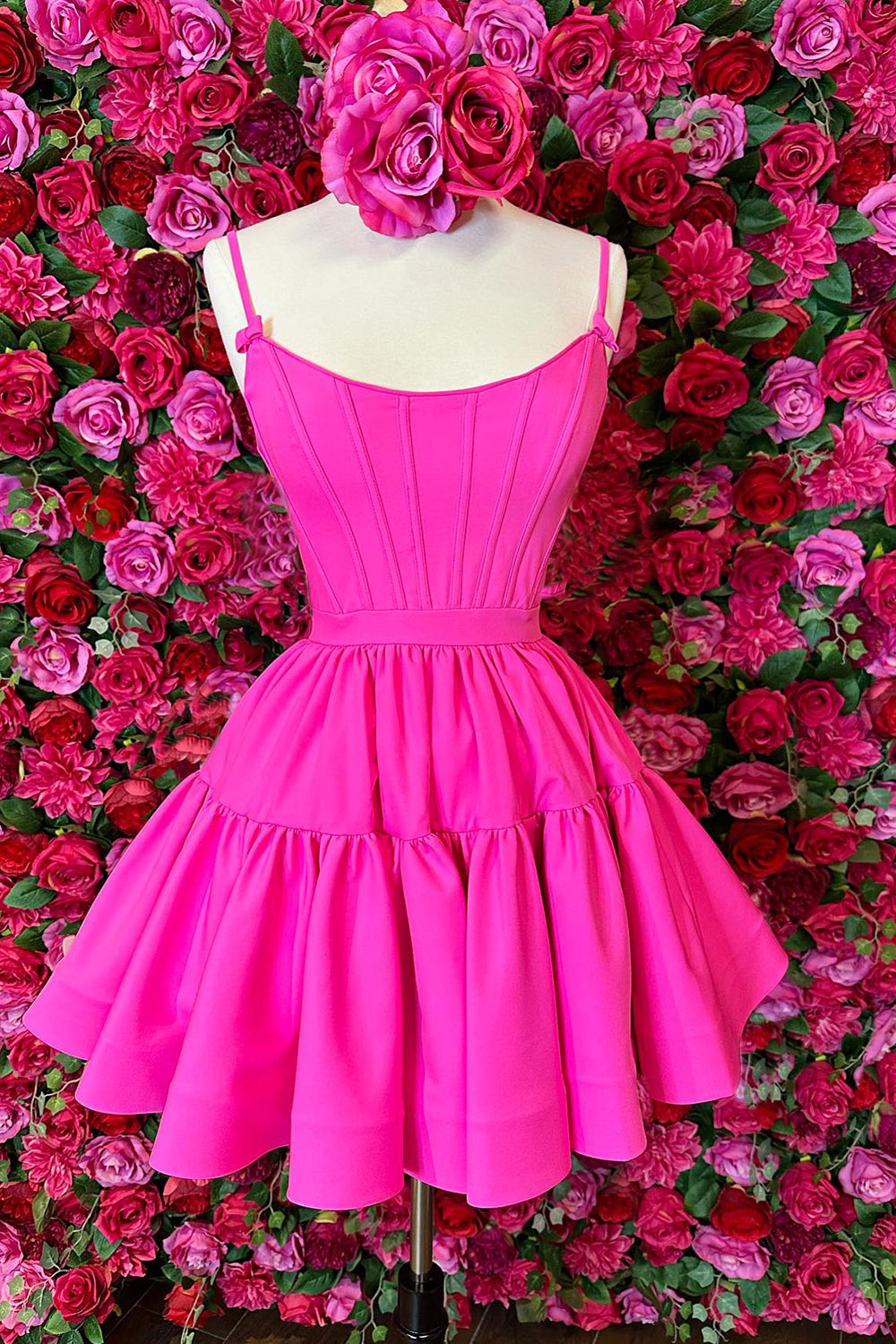 Fuchsia Homecoming Dresses Spaghetti Straps Lace-Up Back A-Line Short Satin Prom Dress