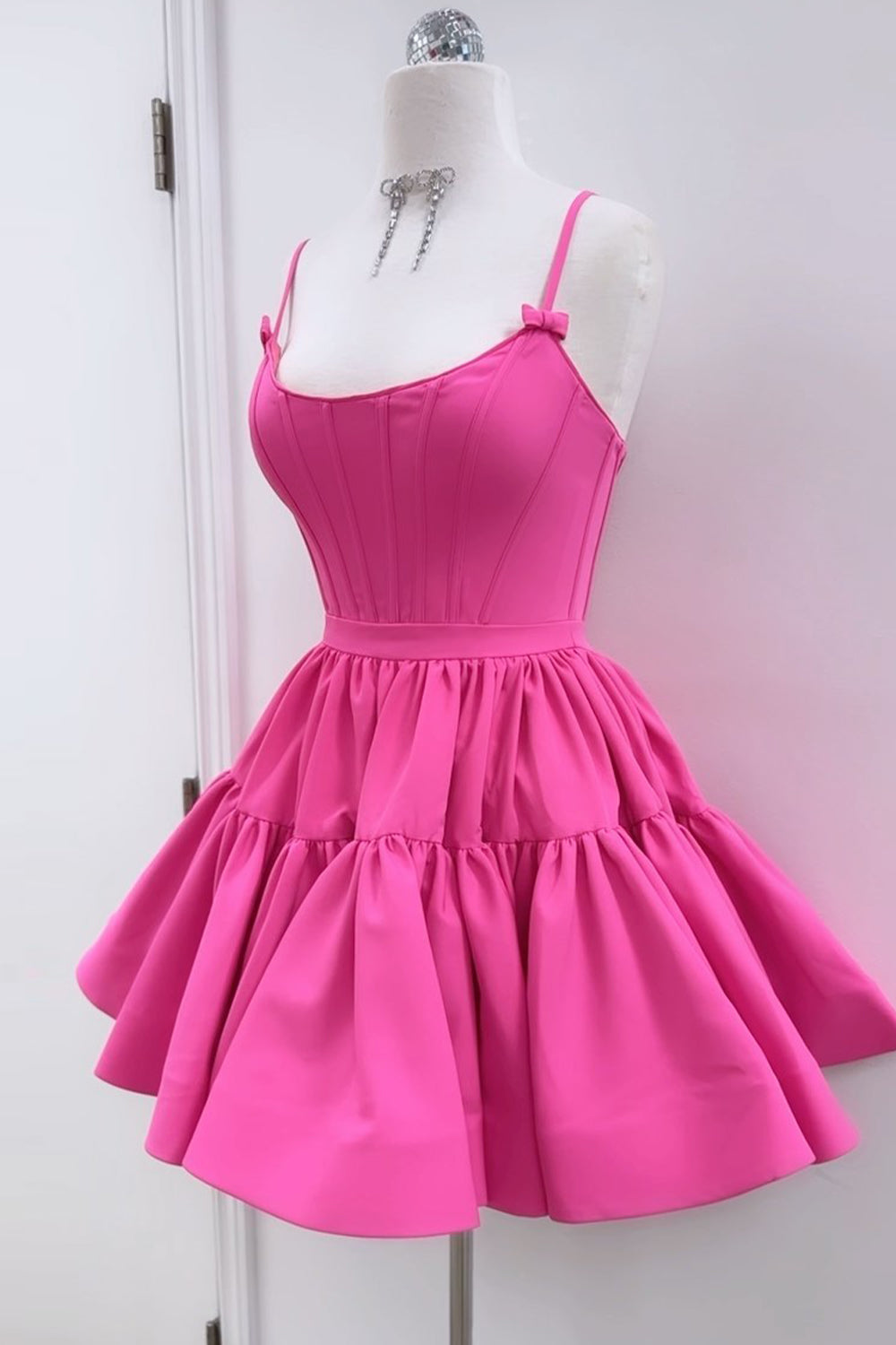 Fuchsia Homecoming Dresses Spaghetti Straps Lace-Up Back A-Line Short Satin Prom Dress