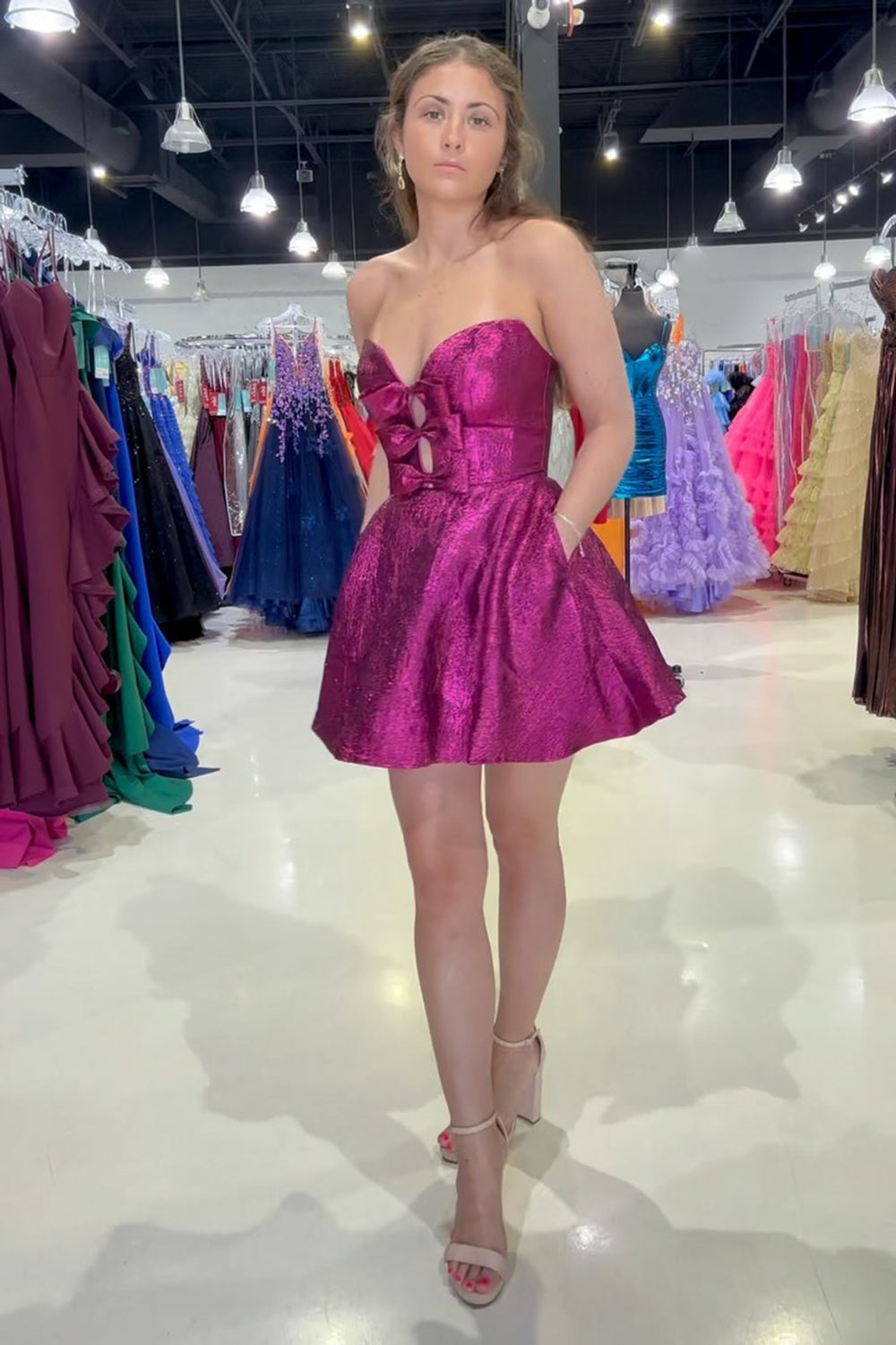 Fuchsia Homecoming Dresses Strapless A Line Short Cocktail Dresses with Pockets