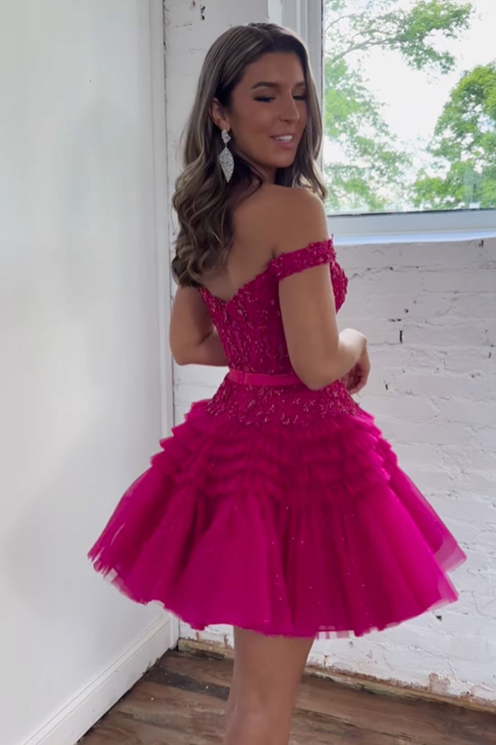 Fuchsia Homecoming Dresses Tiered A-Line Tulle Short Cocktail Dresses with Lace