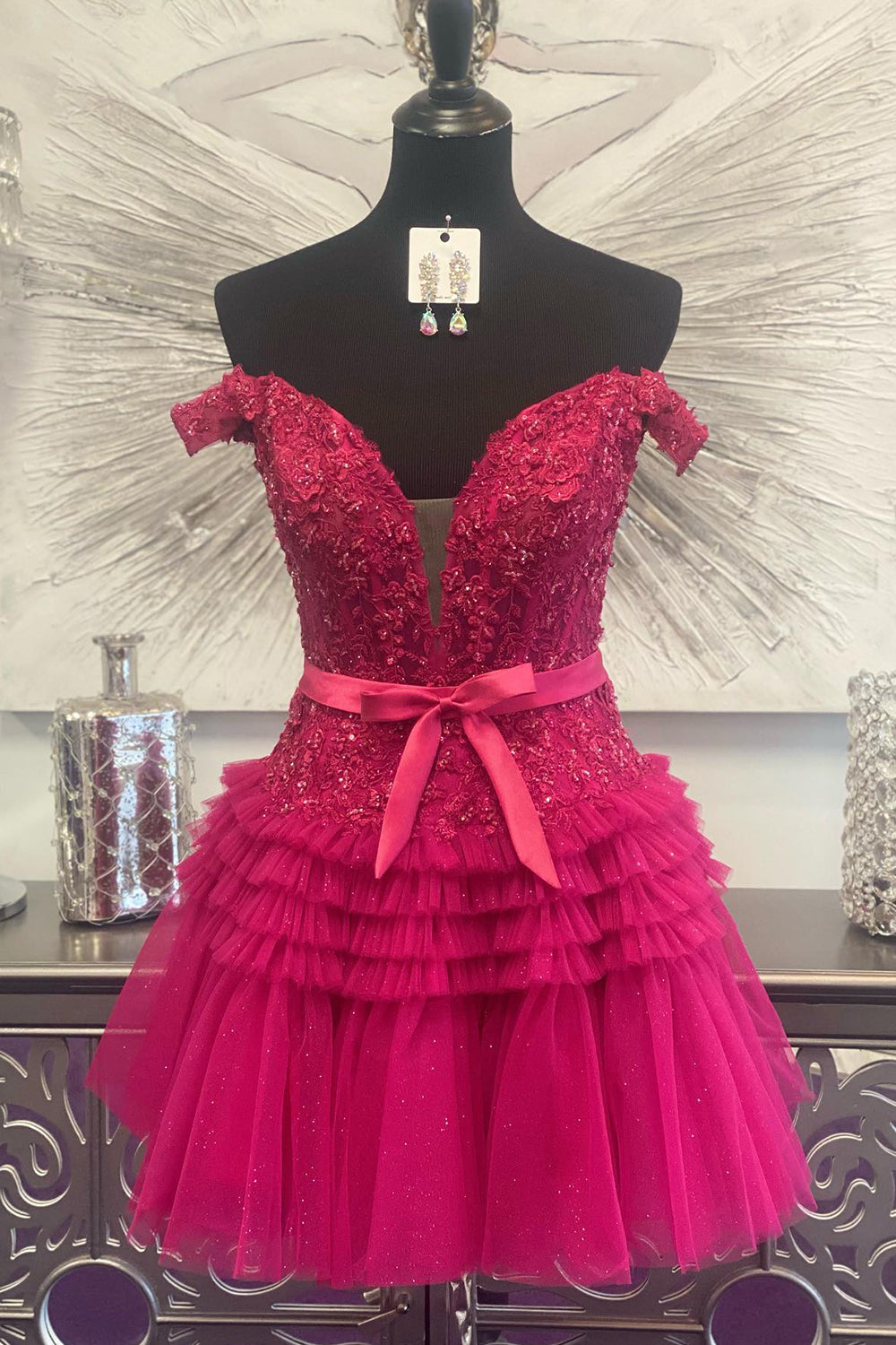 Fuchsia Homecoming Dresses Tiered A-Line Tulle Short Cocktail Dresses with Lace