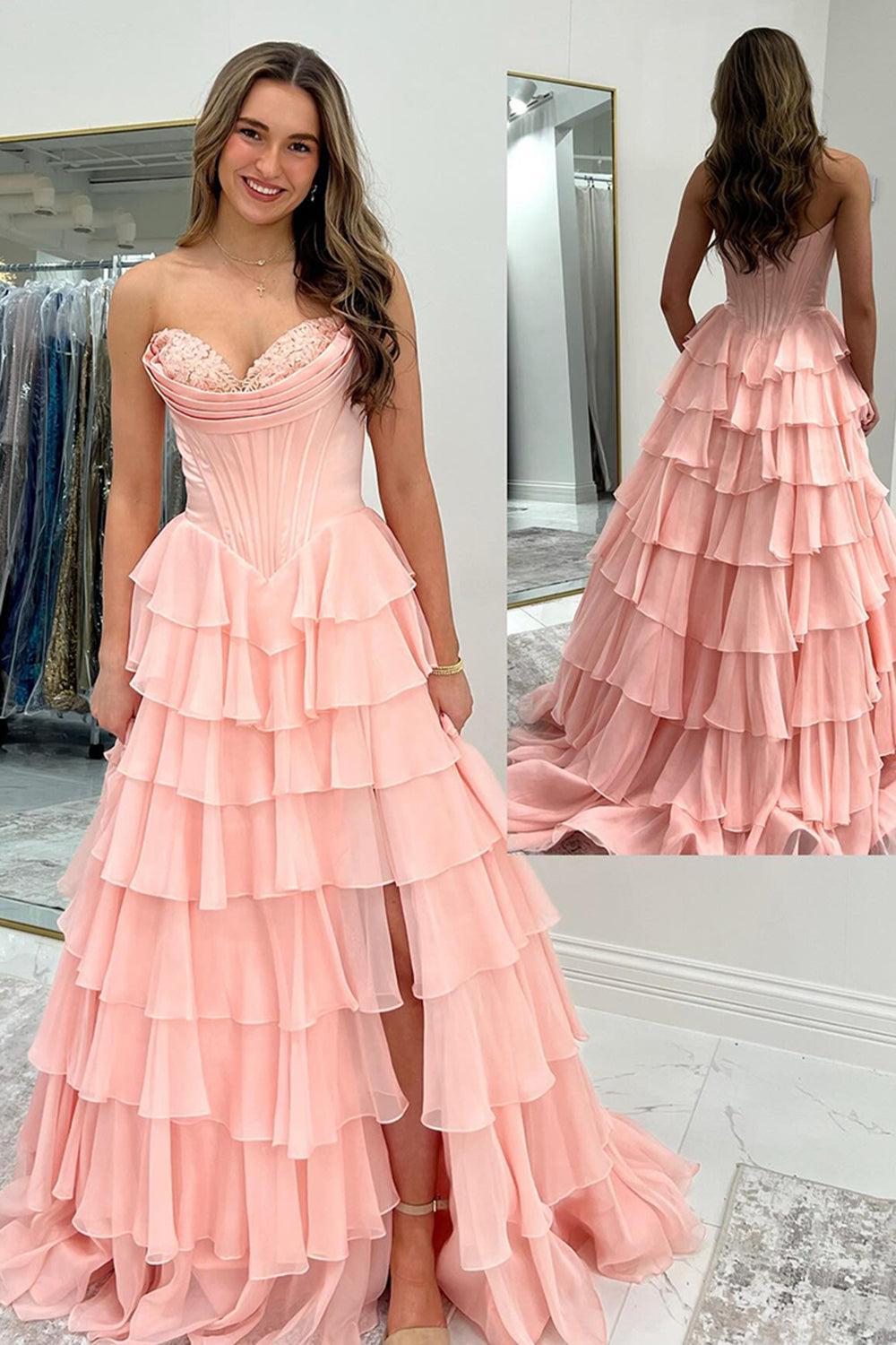 Fuchsia Prom Dress A Line Chiffon Sweetheart Ruffled Long Formal Dress With Slit