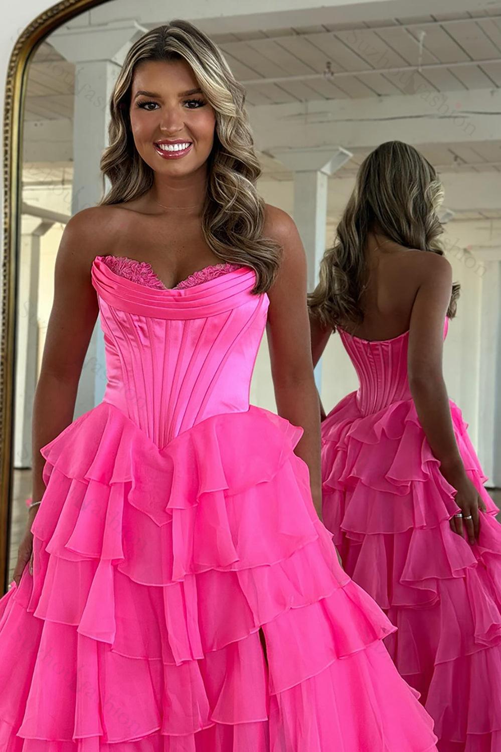 Fuchsia Prom Dress A Line Chiffon Sweetheart Ruffled Long Formal Dress With Slit