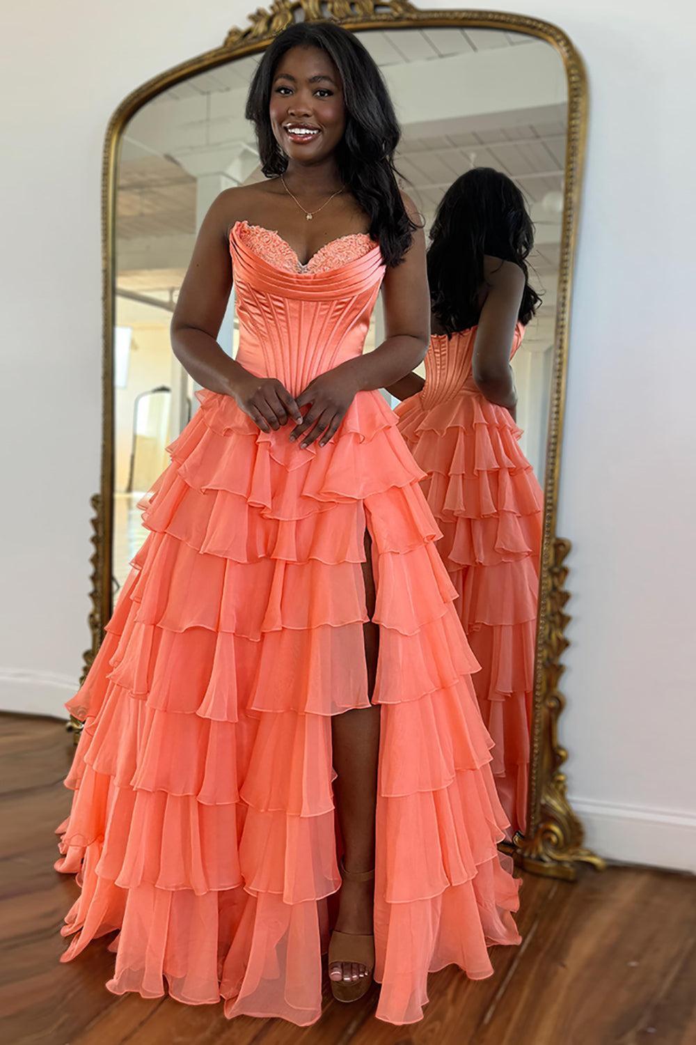 Fuchsia Prom Dress A Line Chiffon Sweetheart Ruffled Long Formal Dress With Slit