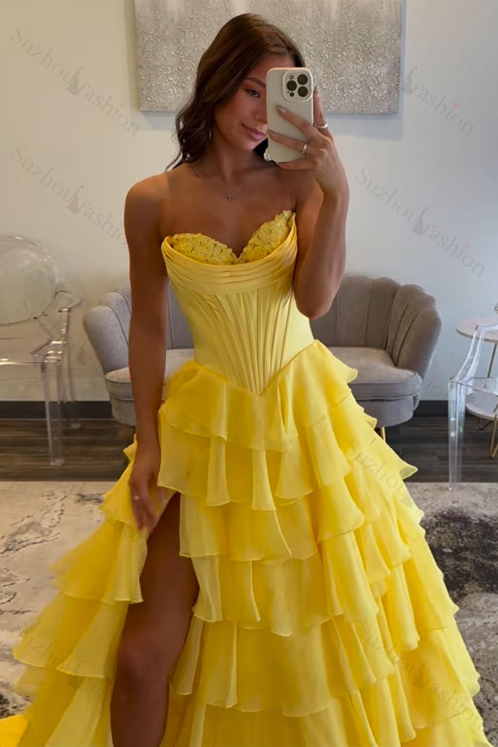 Fuchsia Prom Dress A Line Chiffon Sweetheart Ruffled Long Formal Dress With Slit