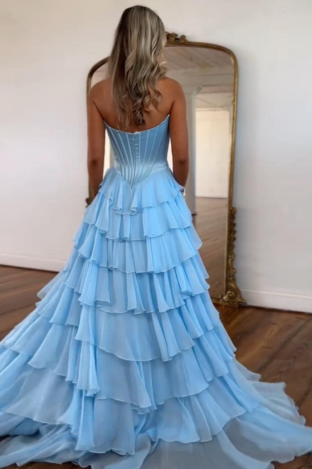 Fuchsia Prom Dress A Line Chiffon Sweetheart Ruffled Long Formal Dress With Slit