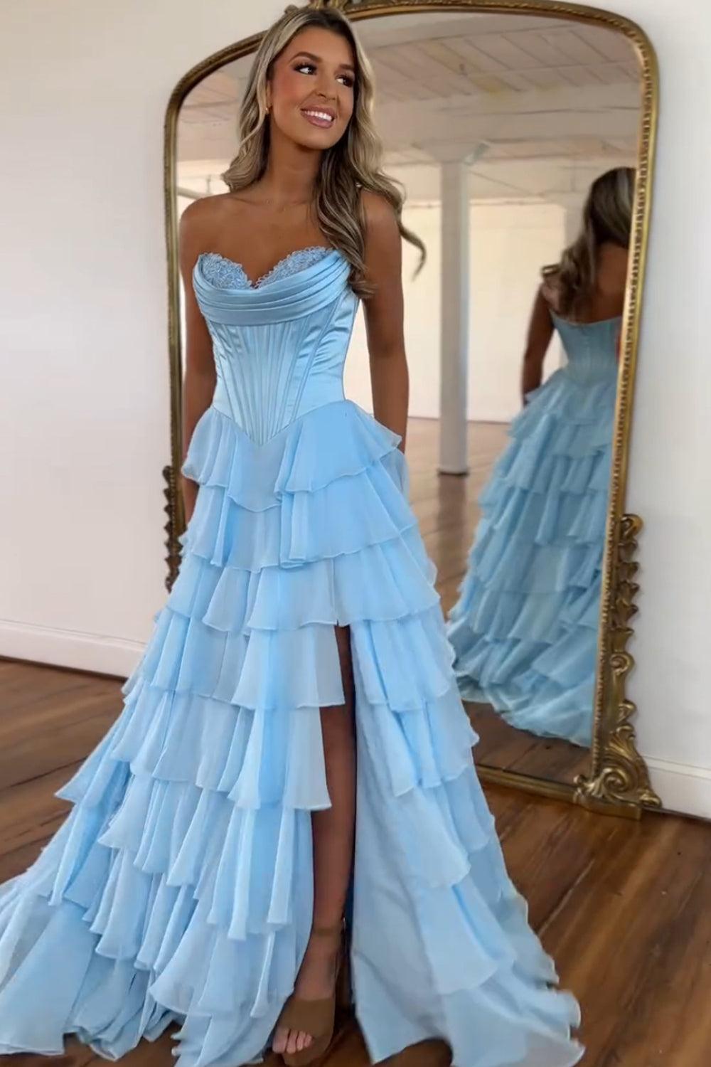 Fuchsia Prom Dress A Line Chiffon Sweetheart Ruffled Long Formal Dress With Slit