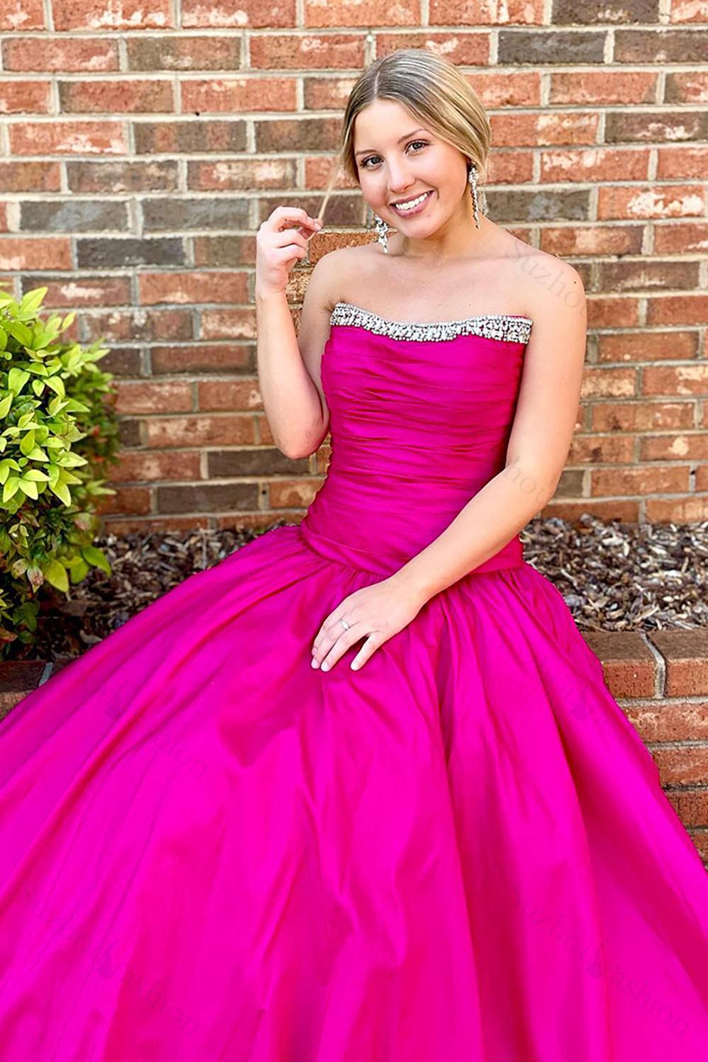 Fuchsia Prom Dress A Line Ruched Beaded Satin Formal Dress