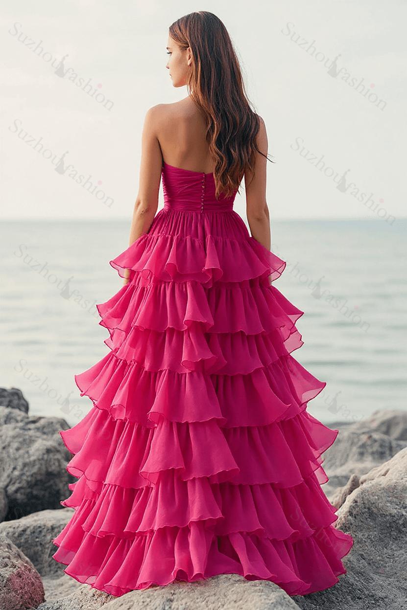 Fuchsia Prom Dress Chiffon Strapless Long Ball Gown Formal Dress With Ruffles