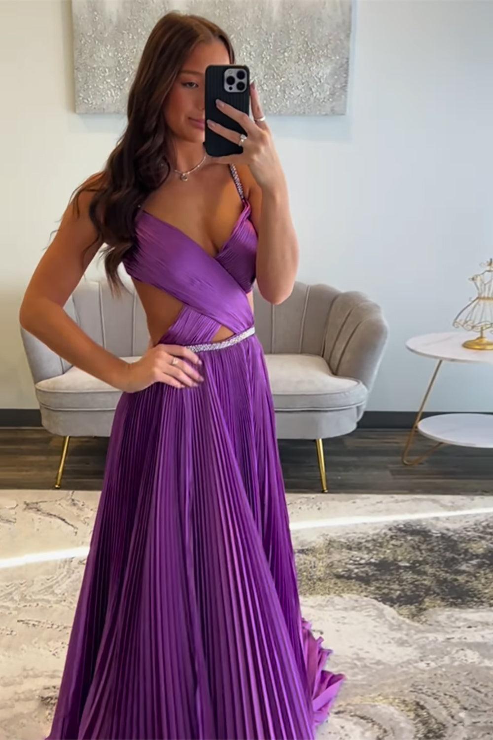 Fuchsia Prom Dress Metallic Pleated Formal Dress With Slit