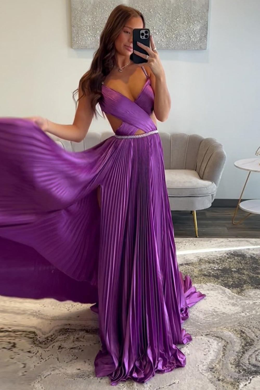 Fuchsia Prom Dress Metallic Pleated Formal Dress With Slit