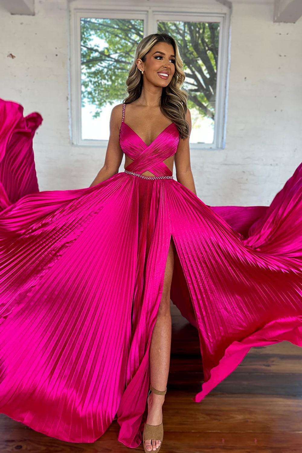 Fuchsia Prom Dress Metallic Pleated Formal Dress With Slit