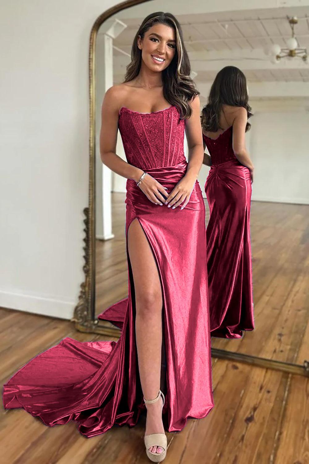 Fuchsia Prom Dress Sheath Corset Long Formal Dress With Lace