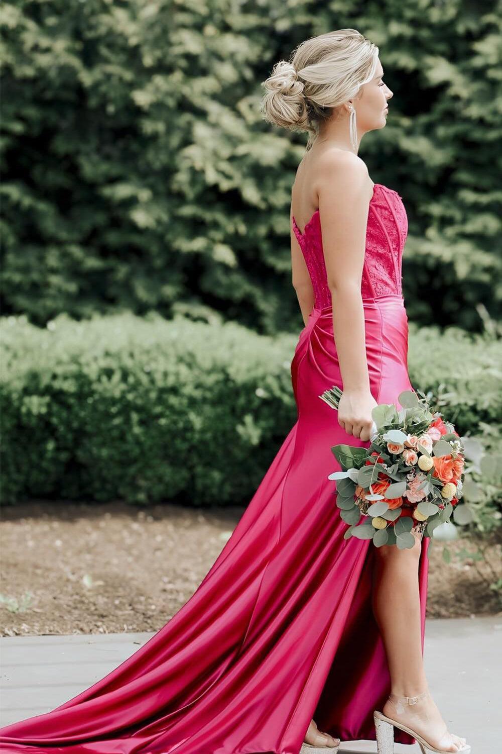 Fuchsia Prom Dress Sheath Corset Long Formal Dress With Lace