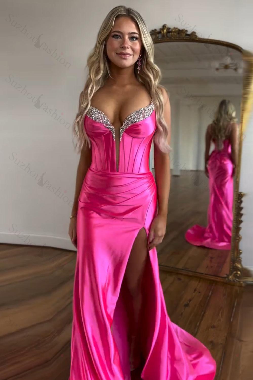 Fuchsia Prom Dress Spaghetti Straps Mermaid Corset Formal Dress With Slit