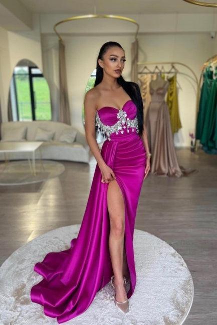 Fuchsia Prom Dress Sweetheart A Line Beaded Sleeveless Satin Panel Train Formal Dress With High Slit