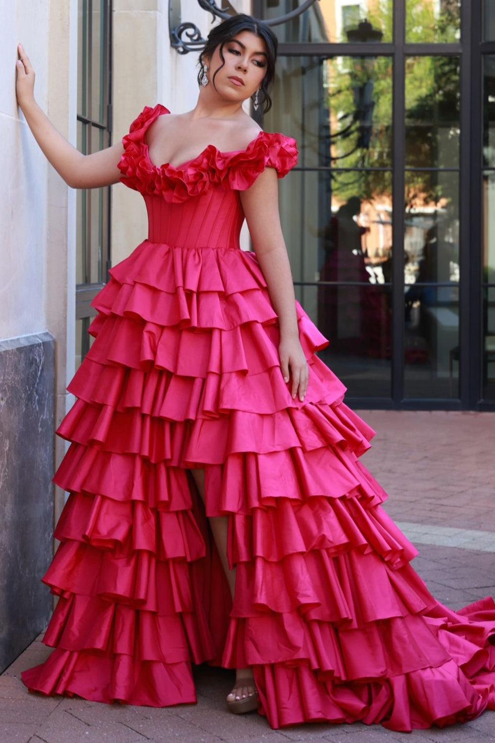 Fuchsia Prom Dress Tiered A-Line Off The Shoulder Long Formal Dress With Slit