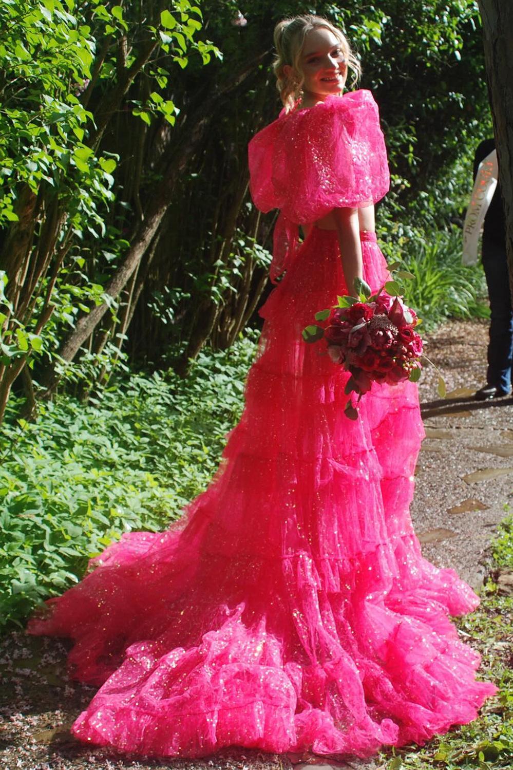 Fuchsia Prom Dress Two Piece Ruffled Long Formal Dress With Slit