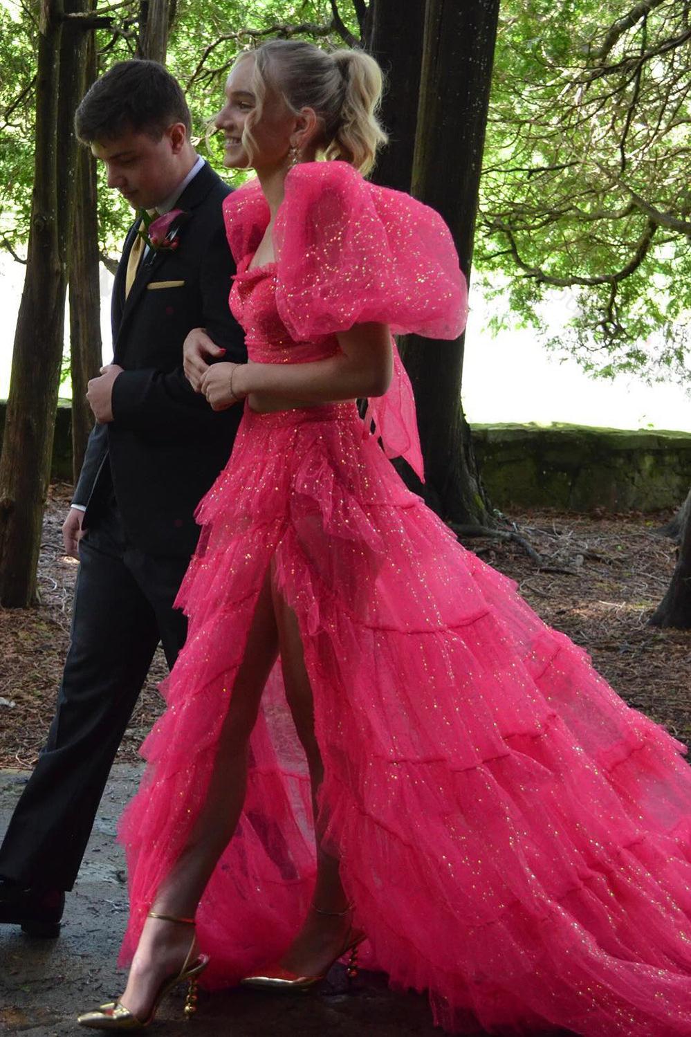 Fuchsia Prom Dress Two Piece Ruffled Long Formal Dress With Slit