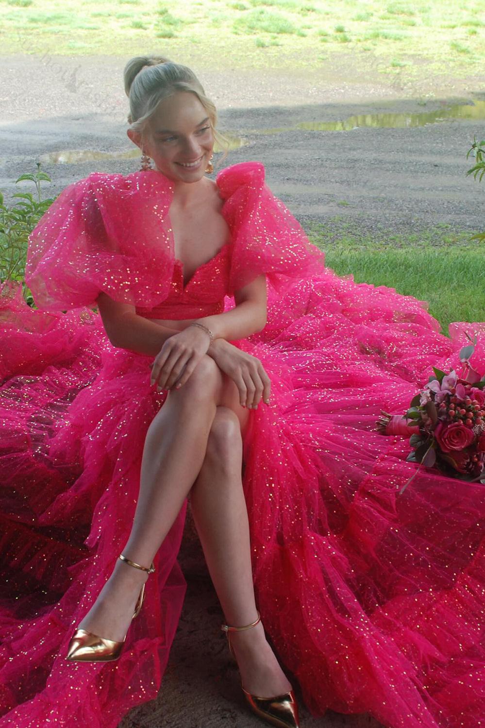 Fuchsia Prom Dress Two Piece Ruffled Long Formal Dress With Slit
