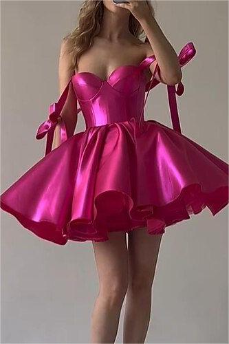 Fuchsia Satin Sweetheart Sleeveless Short Homecoming Dress With Ruffles